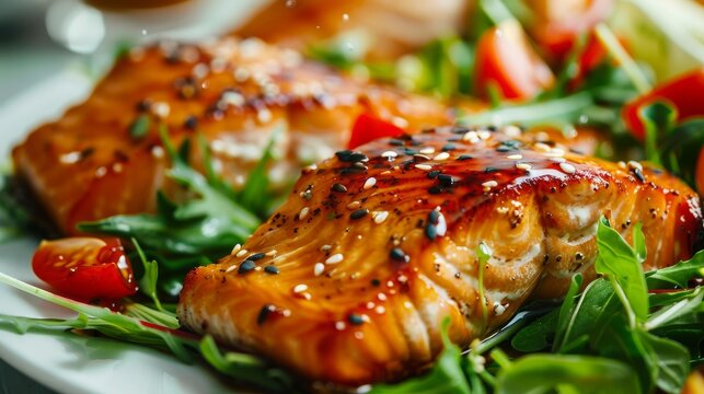 Salmon, salad, and steamed fish for healthy diets like Paleo, keto, and Mediterranean. Asian dish with teriyaki cooked in the oven, gluten-free, and lectin-free