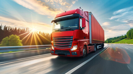 Wall Mural - Truck highway sunset. Transportation and logistics concept. Fast delivery shipping, driving dusk. Heavy vehicle motion, cargo international trade. Commercial freight transport in industry. business.