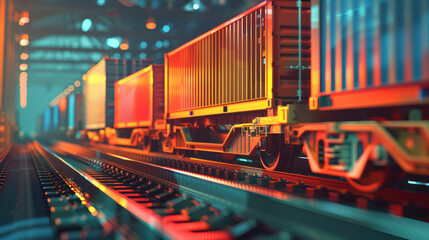 Wall Mural - Freight train with containers railroad. Industrial transportation, global shipping and delivery. Logistic business in motion, railway cargo export and import. Heavy vehicle commercial distribution.