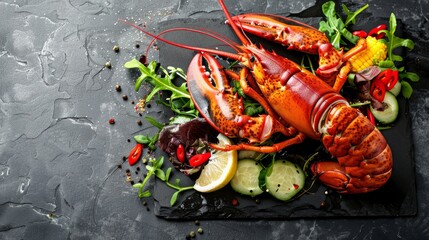 Wall Mural - Savory boiled lobster with fresh veggies, artfully arranged on a dark stone platter. Perfect for seafood lovers. Plenty of space for your message.