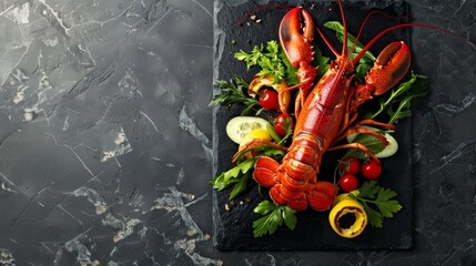 Wall Mural - Savory boiled lobster with fresh veggies, artfully arranged on a dark stone platter. Perfect for seafood lovers. Plenty of space for your message.