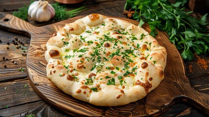A dish of Georgian khachapuri with a cheesefilled bread, served with a side of fresh herbs, placed on a rustic wooden table with a view of the Caucasus Mountains