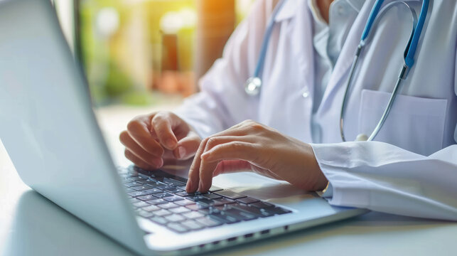 doctor typing on laptop computer. Medical and healthcare concept. Professional person using technology in hospital office, working with confidence and pride.