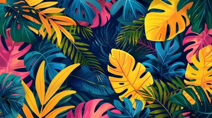 Wall Mural - Bright tropical leaves pattern on a vibrant background
