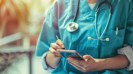 female doctor using mobile smart phone with stethoscope in hospital. healthcare professional in unif