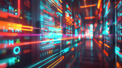 Data center with binary code. Computer cyber network, futuristic concept modern internet technology. Abstract background connection big in cyberspace. Virtual tech system.