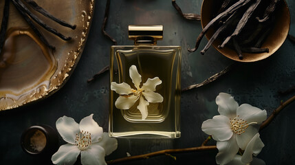 Sticker - An elegant, rectangular perfume bottle with a gold cap, vanilla flavor