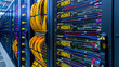 © remake - Server with fiber optic cables in data center room technology background. Modern networking and connectivity equipment business datacenter. Digital system internet communication, cloud computing