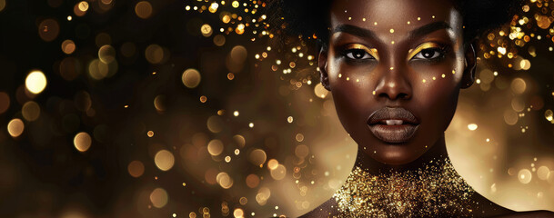 a beautiful african american woman with gold glitter flowing out of her hands, necklace and earrings made from pearls on black background