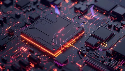 An AI concept with a closeup of a computer chip on a dark background