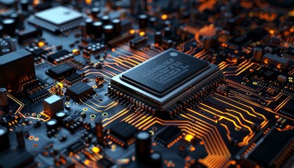 An AI concept with a closeup of a computer chip on a dark background