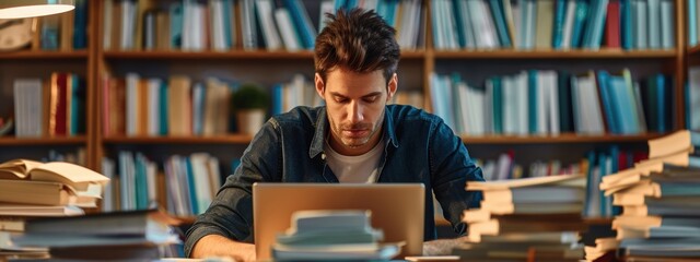 Wall Mural - A man is sitting at a desk with a laptop and stacks of books. He is working or studying