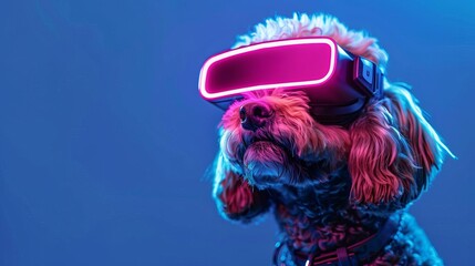 futuristic illustration of petfluencer character maltese poodle dog in vr goggles illuminated with p