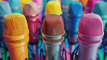 Wall Mural - Rainbow-Colored Microphones in a Row