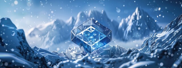 A blue cube is in the middle of a snowy mountain range. The cube is surrounded by snow and ice, and it is a symbol of something important. The image has a serene and peaceful mood