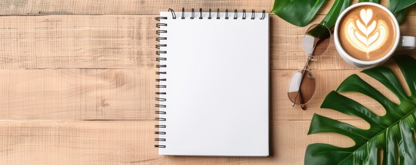 Top view of a blank notebook with a cup of caffe latte, glasses, and monstera leaves on a wooden table. Cozy workspace setup.