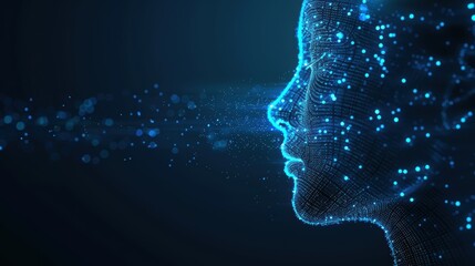 digital profile of a human face composed of blue data points and glowing lines, representing technol