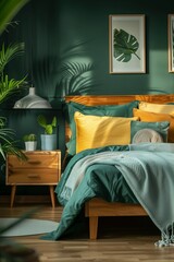 The interior of the bedroom is in green and yellow saturated colors. The interior style of the room is mid-century modern. Modern vintage, retro. Stylish interior design