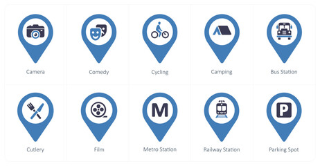 Sticker - A set of 10 Location Pointer icons as camera, comedy, cycling