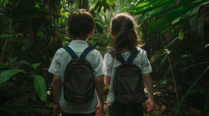 Poster - Two kids, a brother and sister, walking along a narrow jungle path