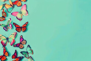 Poster - vibrant butterfly mosaic border on pastel green background minimalist copyspace texture digital art