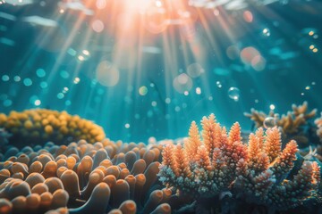 vibrant coral reef illuminated by shimmering sunbeams and bubbles