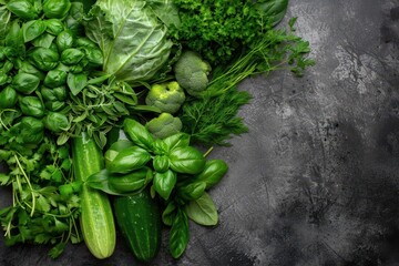 Wall Mural - vibrant variety of fresh green vegetables and herbs flat lay composition top view with copy space food photo