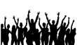 © LOVE VECTOR - Excited young people with hands up cheering crowd cheerful visitors happy friends group silhouette nightclub discotheque disco, celebration, nightlife