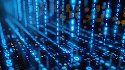 A close-up view of blue binary code displayed on a dark screen, representing digital data or computer programming. The glowing numbers create a futuristic and tech-savvy atmosphere.
