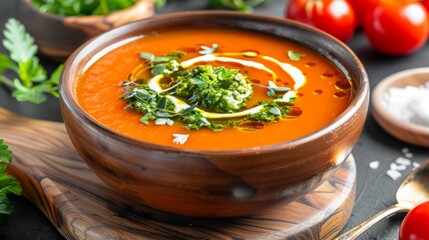 Wall Mural - Savory tomato soup with fresh herbs and a swirl of cream