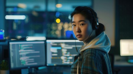 The picture of the software developer or programmer working with the computer and data inside the dark room with monitor, the developer require skills like problem solving and program language. AIG43.