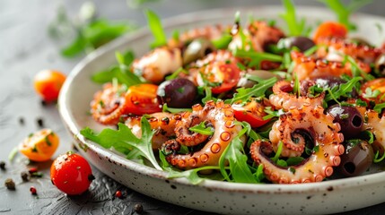 Wall Mural - Close-Up of Mediterranean Octopus Salad with Cherry Tomatoes, Olives, and Fresh Greens