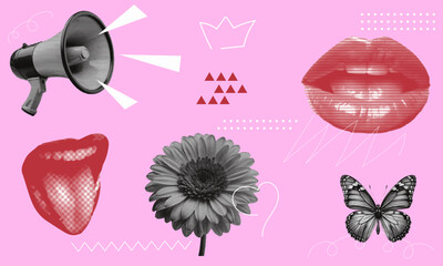 halftone collage with lips, flower, butterfly and megaphone. modern stylish pop art banner