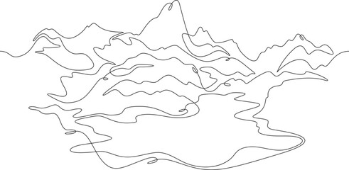 Wall Mural - Beautiful mountain landscape. Alpine meadows. Crystal mountain lake. One continuous line drawing on a white isolated background. Minimalism linear illustration.