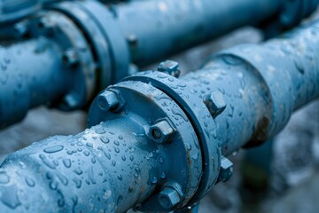 Industrial blue pipelines with water droplets close-up