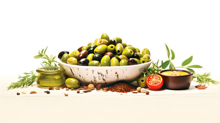 Wall Mural - olives in a bowl with oil,Bowl of Fresh Olives and Olive Oil. Proven Health Benefits