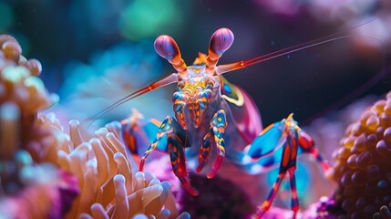 Wall Mural - Vibrant Underwater Macro Shot of a Colorful Mantis Shrimp in Coral Reefs