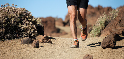 Wall Mural - Trail running man on mountain path exercising