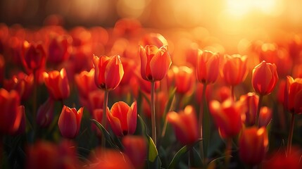 Wall Mural - Sunlit Tulip Field at Sunset With Vibrant Orange Blooms