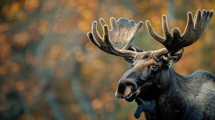 A moose with large antlers is standing in a forest. The image has a warm and natural feel, with the colors of the leaves and the brown of the moose blending together to create a serene atmosphere