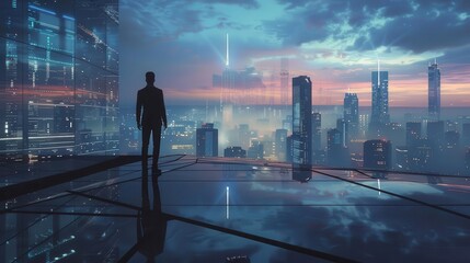 Wall Mural - ambitious businessman standing on rooftop gazing at futuristic cityscape symbolizing vision leadership and success in business