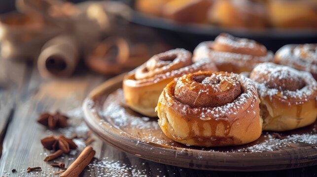 aromatic cinnamon rolls on blurred wooden background appetizing pastry photography
