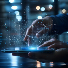 AI, data science, digital technology concept. Computer programmer using digital tablet with AI machine learning, data management system, cloud computing technology,
