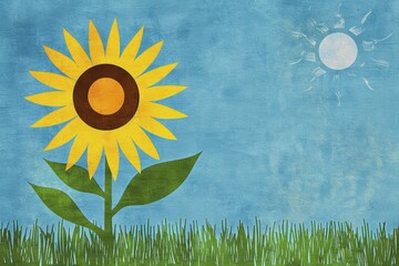 Cheerful sunflower on blue textured background with sun and grass