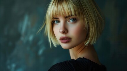 charming young blonde woman with bob haircut studio portrait