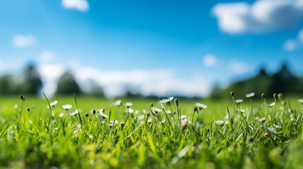 Wall Mural - a fresh spring sunny garden background of green grass and blurred foliage bokeh.