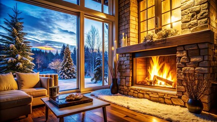 Wall Mural - Fireplace lit inside the house in winter, a symbol of warmth and comfort. The glowing embers and dancing flames create a serene and homely environment.