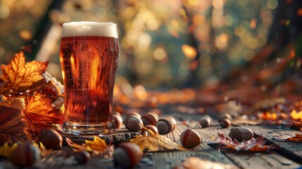 Wall Mural - Rustic Autumn Beer In Forest With Acorns And Leaves