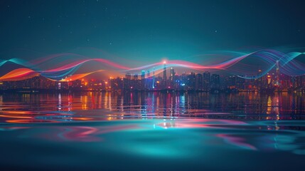 Wall Mural - Cityscape with Neon Lights and Water Reflections