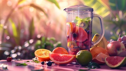 Vibrant Tropical Smoothie Preparation with Fresh Fruits in Blender